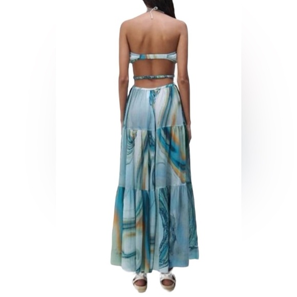 Jonathan Simkhai sz L Dress Shailene Laurel Laguna marble blue Halter maxi New - Picture 2 of 6